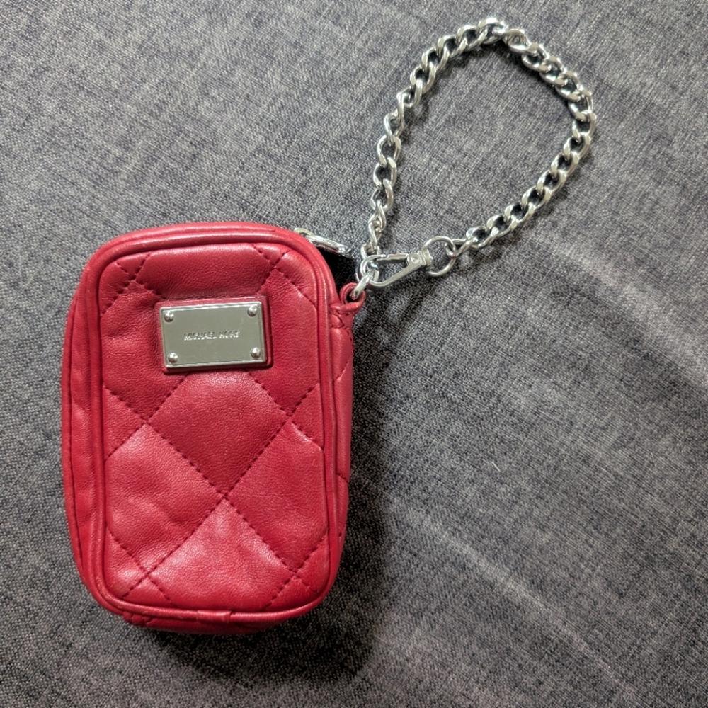 Michael Kors Red Quilted Leather Zipper Pouch with Chain